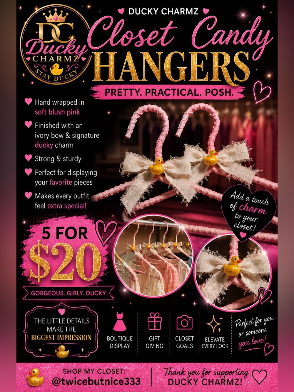 Ducky Charmz Closet Candy Hangers | Handmade Boutique Fabric Hangers | Set of 5